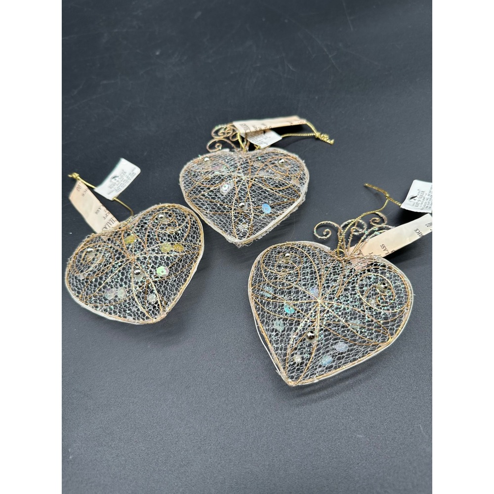 Vintage Gold Wire Mesh Heart Christmas Ornaments Kurt Adler Sequin NEW With Tags